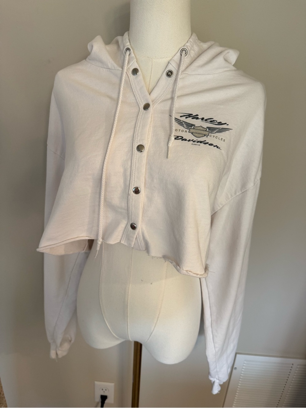 Vintage Harley-Davidson USA Cropped Hoodie Snap St. Paul MN Y2K White Sweatshirt